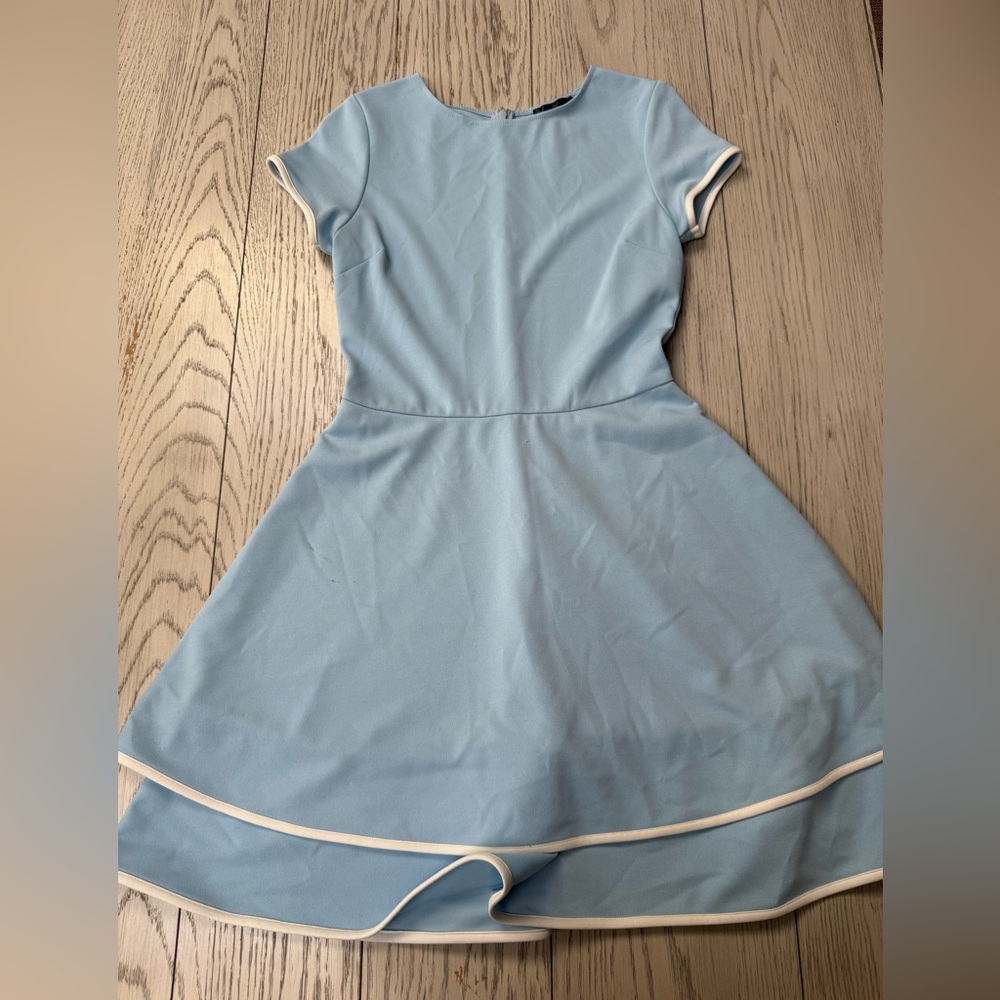 Elegant Blue Dress with White Trim